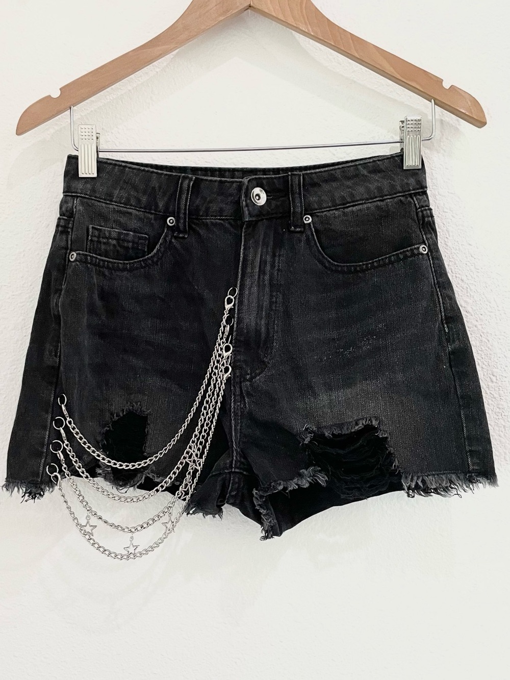 Hot Topic Black Distressed Chain Shorts Stars Celestial Grunge Boho